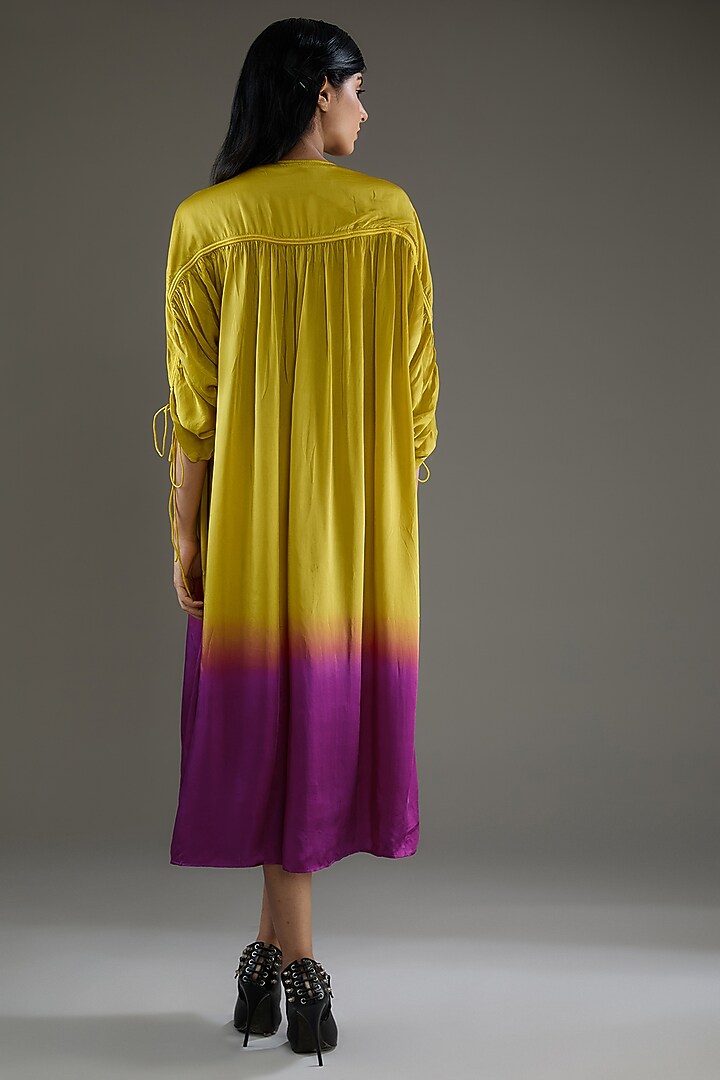 Purple & Lime Bemberg Satin Shibori Ruched Vacation Shirt Dress by Inca at Pernia's Pop Up Shop