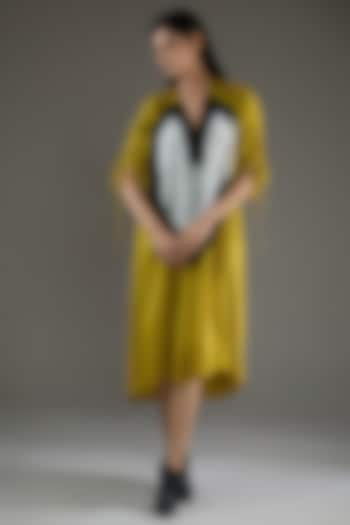 Mustard & Black Bemberg Satin Shibori Ruched Shirt Dress by Inca