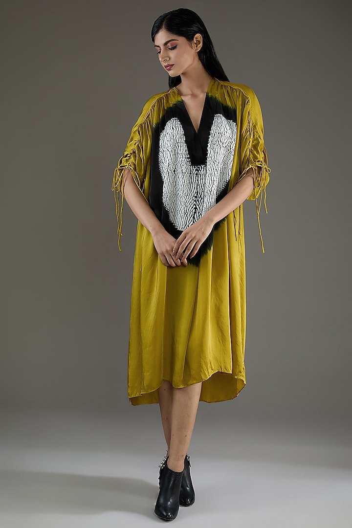 Mustard & Black Bemberg Satin Shibori Ruched Shirt Dress by Inca