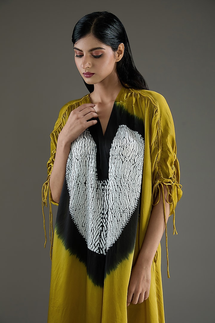 Mustard & Black Bemberg Satin Shibori Ruched Vacation Shirt Dress by Inca at Pernia's Pop Up Shop