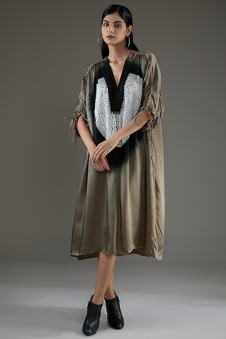 Grey & Black Bemberg Satin Shibori Ruched Shirt Dress by Inca at Pernia's Pop Up Shop