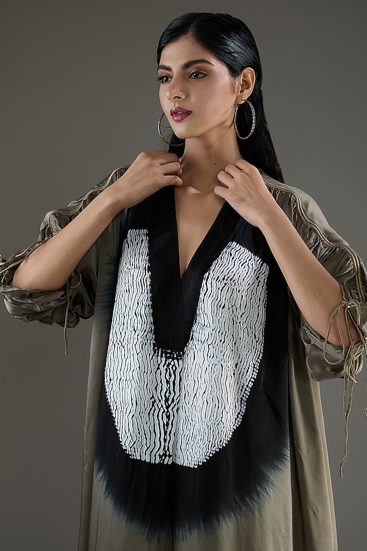 Grey & Black Bemberg Satin Shibori Ruched Vacation Shirt Dress by Inca at Pernia's Pop Up Shop