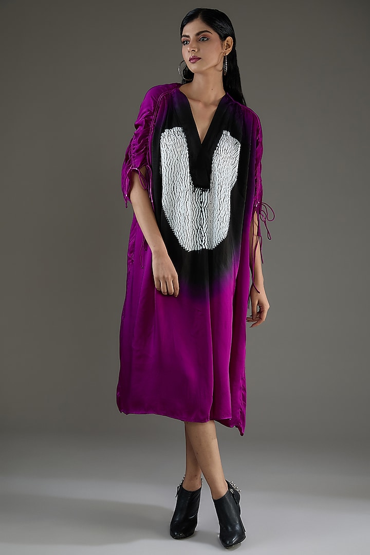 Purple & Black Bemberg Satin Shibori Ruched Shirt Dress by Inca at Pernia's Pop Up Shop