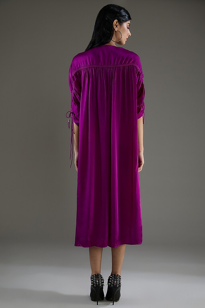Purple & Black Bemberg Satin Shibori Ruched Vacation Shirt Dress by Inca at Pernia's Pop Up Shop