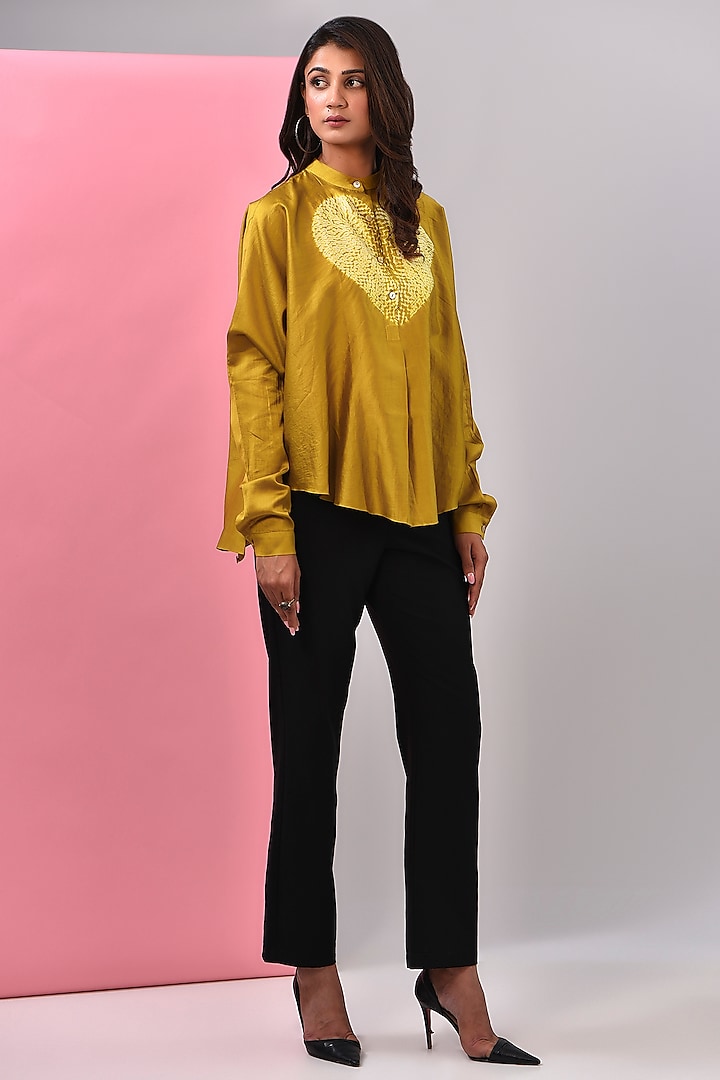 Mustard Chanderi Shibori Printed Shirt by Inca at Pernia's Pop Up Shop