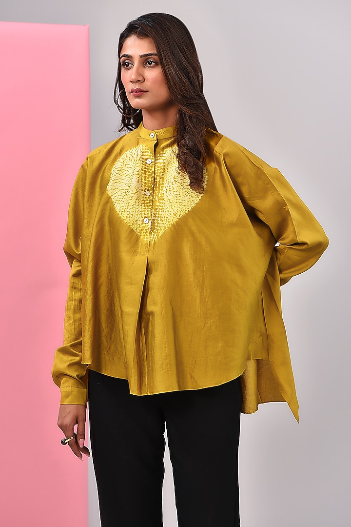 Mustard Chanderi Shibori Printed Shirt by Inca at Pernia's Pop Up Shop