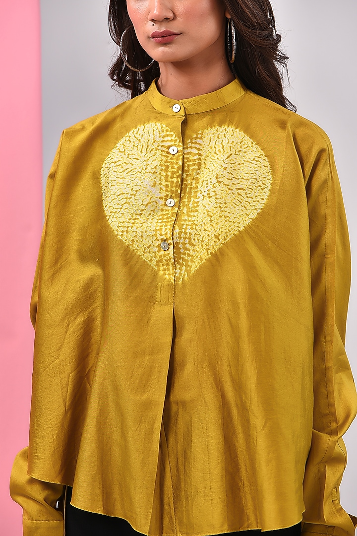 Mustard Chanderi Shibori Printed Shirt by Inca at Pernia's Pop Up Shop