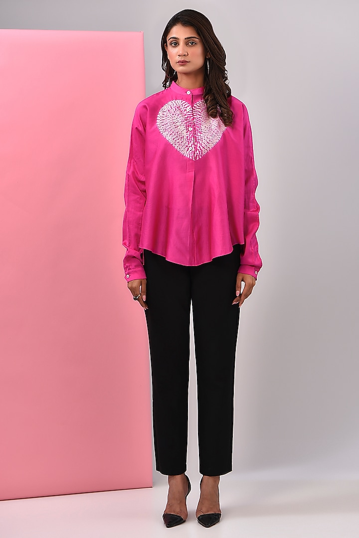 Fuchsia Chanderi Shibori Printed Shirt by Inca at Pernia's Pop Up Shop