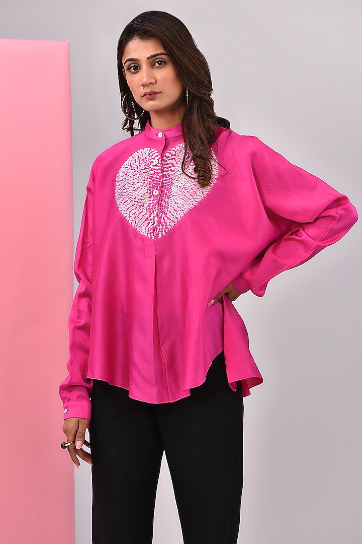 Fuchsia Chanderi Shibori Printed Shirt by Inca at Pernia's Pop Up Shop