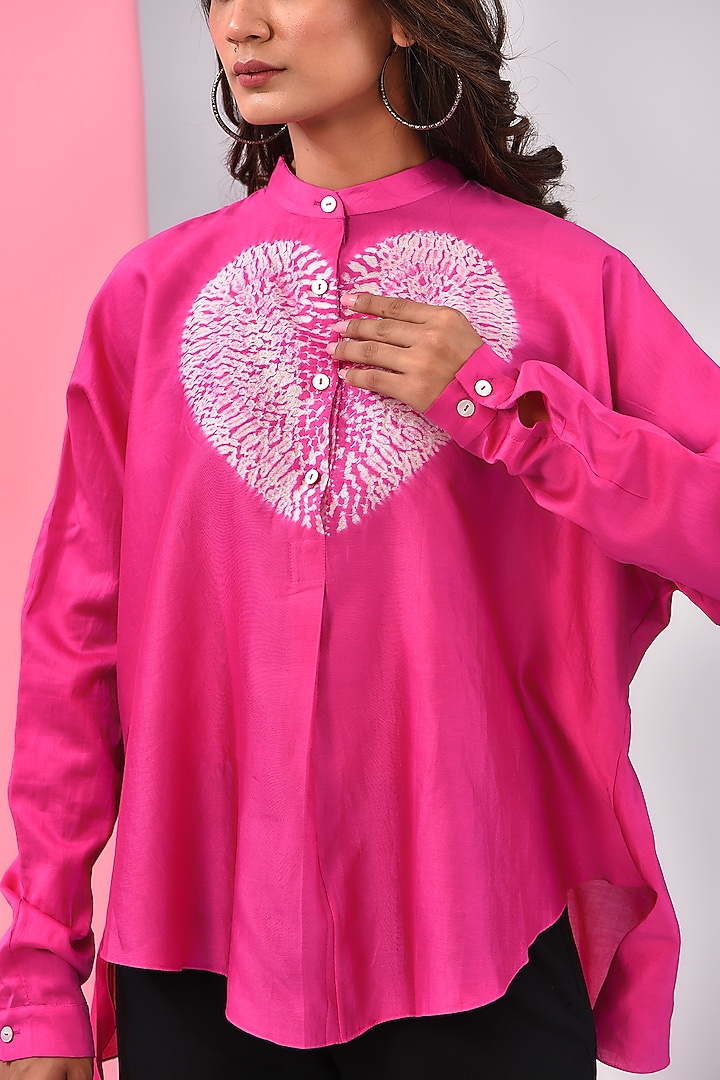 Fuchsia Chanderi Shibori Printed Shirt by Inca at Pernia's Pop Up Shop
