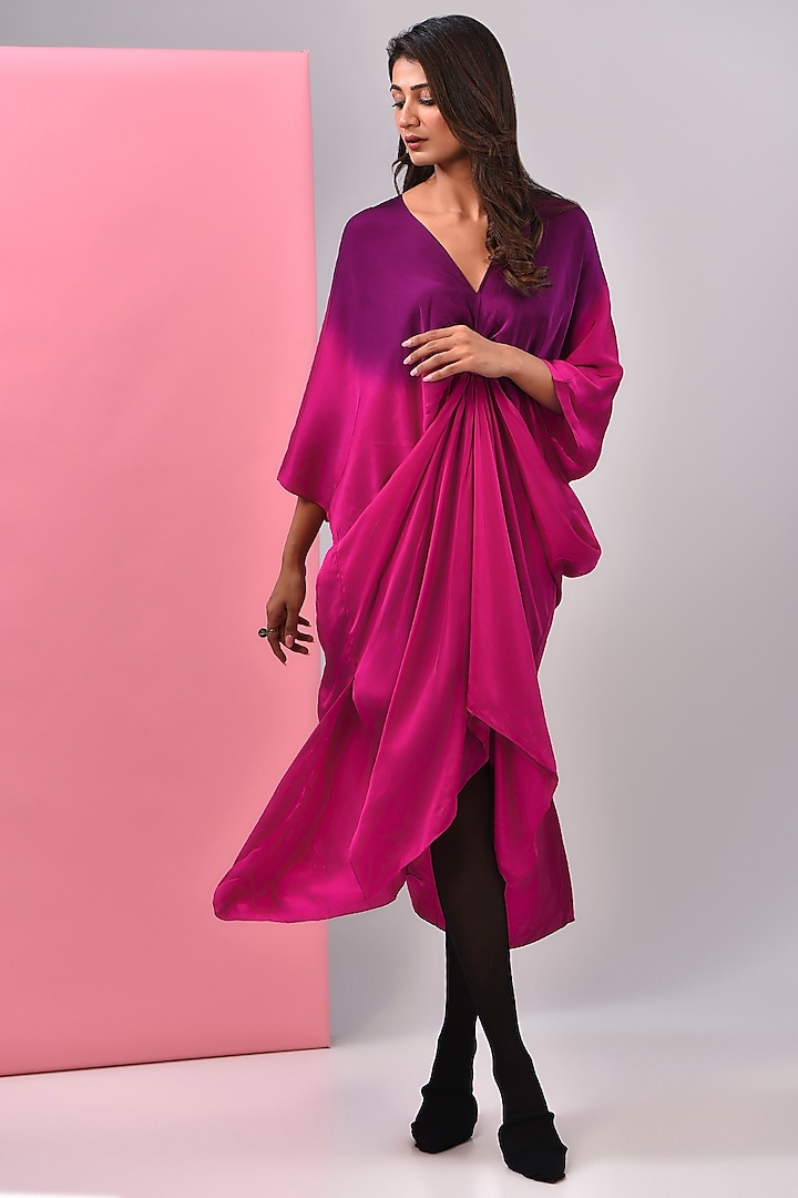 Pink & Purple Bemberg Satin Tie-Dye Printed Kaftan by Inca at Pernia's Pop Up Shop