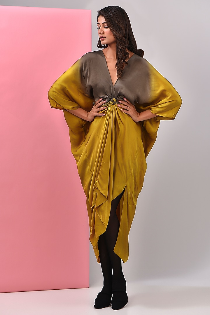 Mustard & Grey Bemberg Satin Tie-Dye Printed Kaftan by Inca at Pernia's Pop Up Shop