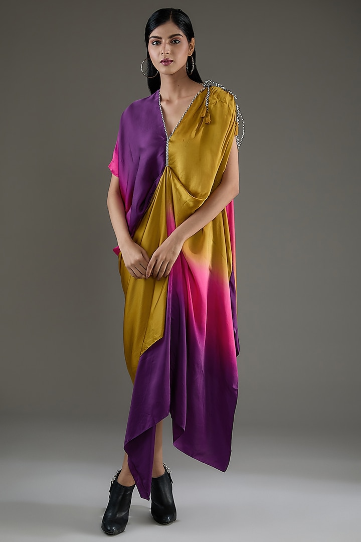 Multi-Colored Ombre Bemberg Satin Ruched Dress by Inca at Pernia's Pop Up Shop