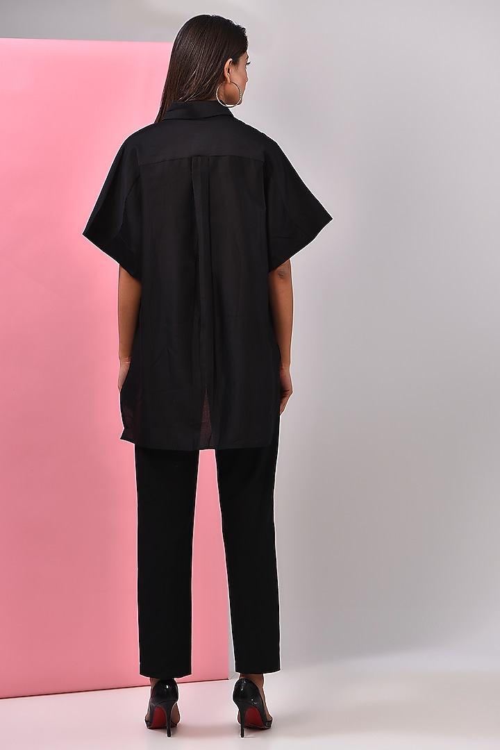 Black Silk Chanderi Kantha Embroidered Shirt by Inca at Pernia's Pop Up Shop