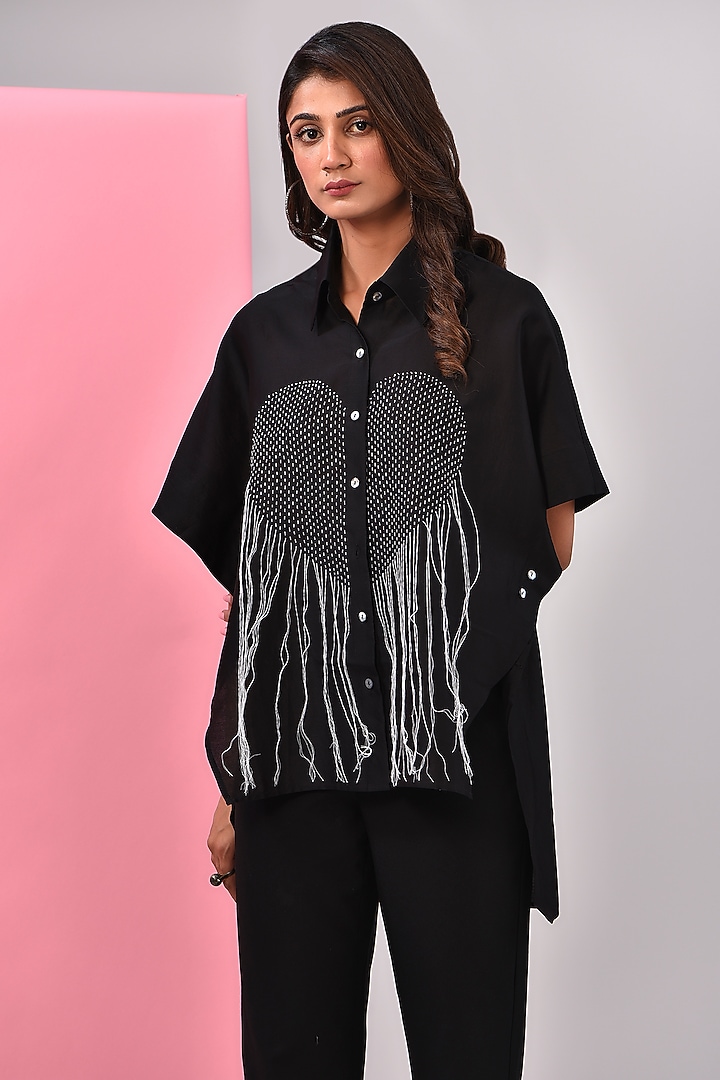 Black Silk Chanderi Kantha Embroidered Shirt by Inca at Pernia's Pop Up Shop