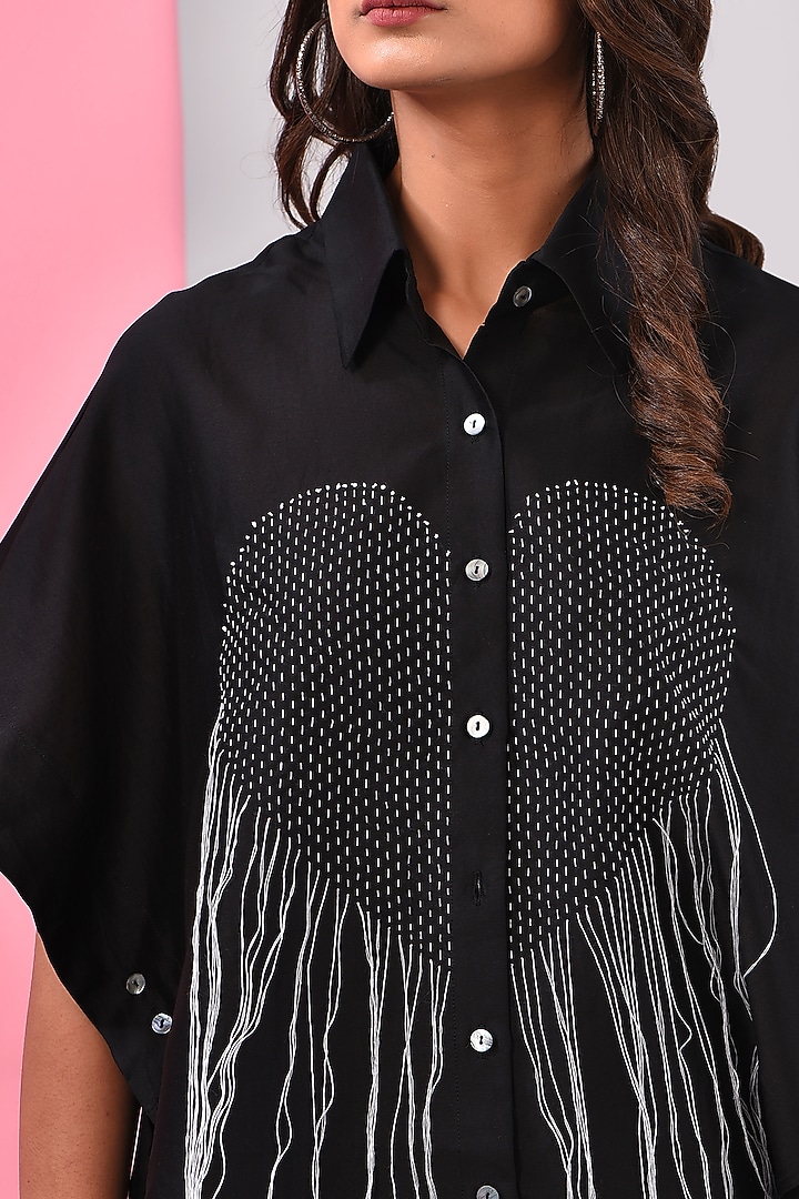 Black Silk Chanderi Kantha Embroidered Shirt by Inca at Pernia's Pop Up Shop