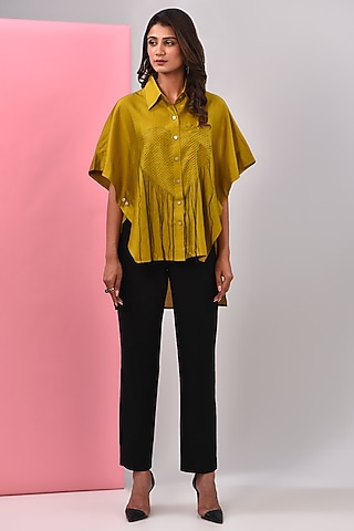 Mustard Silk Chanderi Kantha Embroidered Shirt by Inca