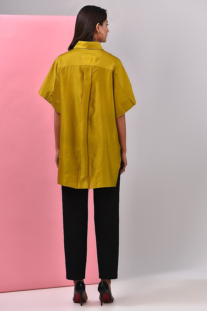 Mustard Silk Chanderi Kantha Embroidered Shirt by Inca at Pernia's Pop Up Shop