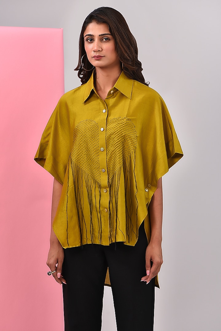 Mustard Silk Chanderi Kantha Embroidered Shirt by Inca at Pernia's Pop Up Shop