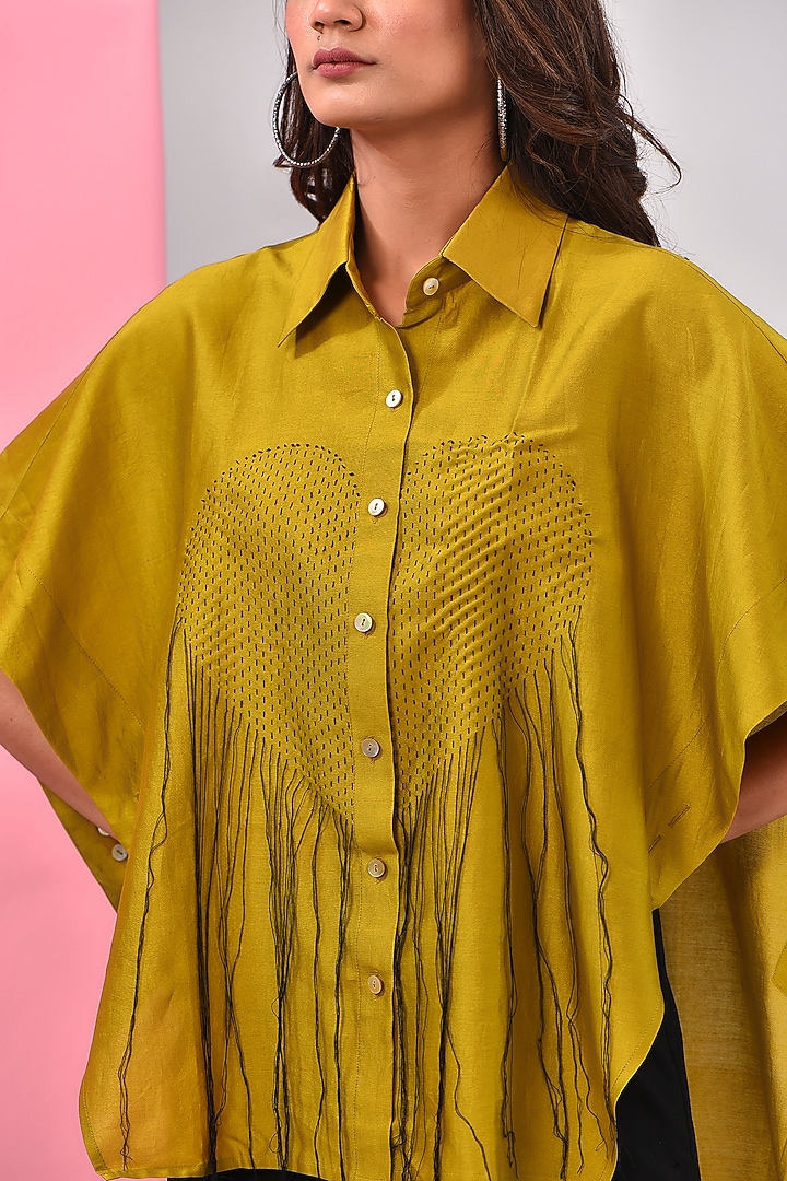 Mustard Silk Chanderi Kantha Embroidered Shirt by Inca at Pernia's Pop Up Shop