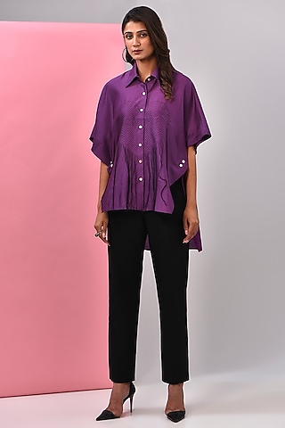 Purple Silk Chanderi Kantha Embroidered Shirt by Inca