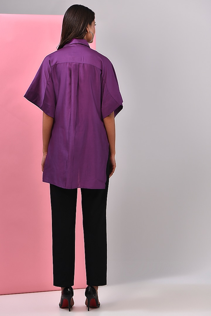 Purple Silk Chanderi Kantha Embroidered Shirt by Inca at Pernia's Pop Up Shop