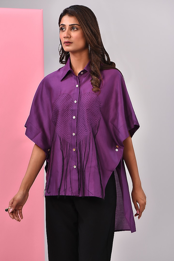 Purple Silk Chanderi Kantha Embroidered Shirt by Inca at Pernia's Pop Up Shop