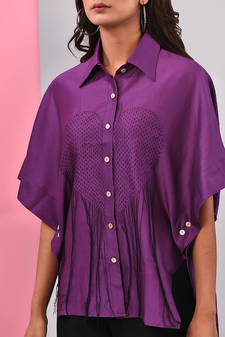 Purple Silk Chanderi Kantha Embroidered Shirt by Inca at Pernia's Pop Up Shop