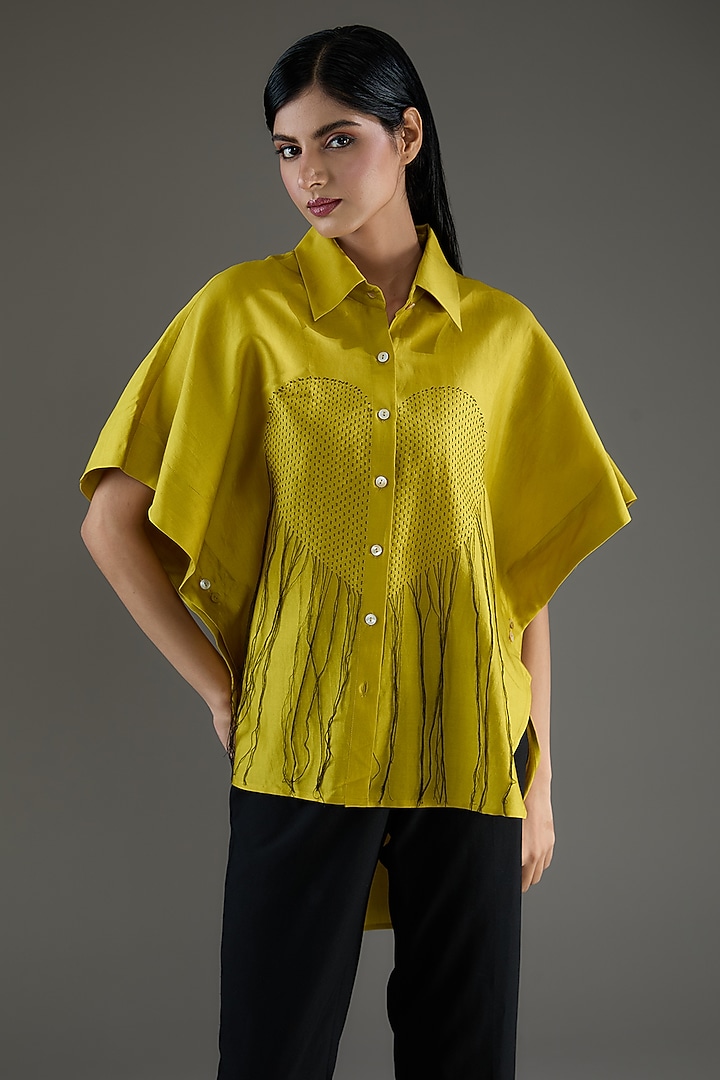 Mustard Chanderi Kantha Embroidered Shirt by Inca at Pernia's Pop Up Shop
