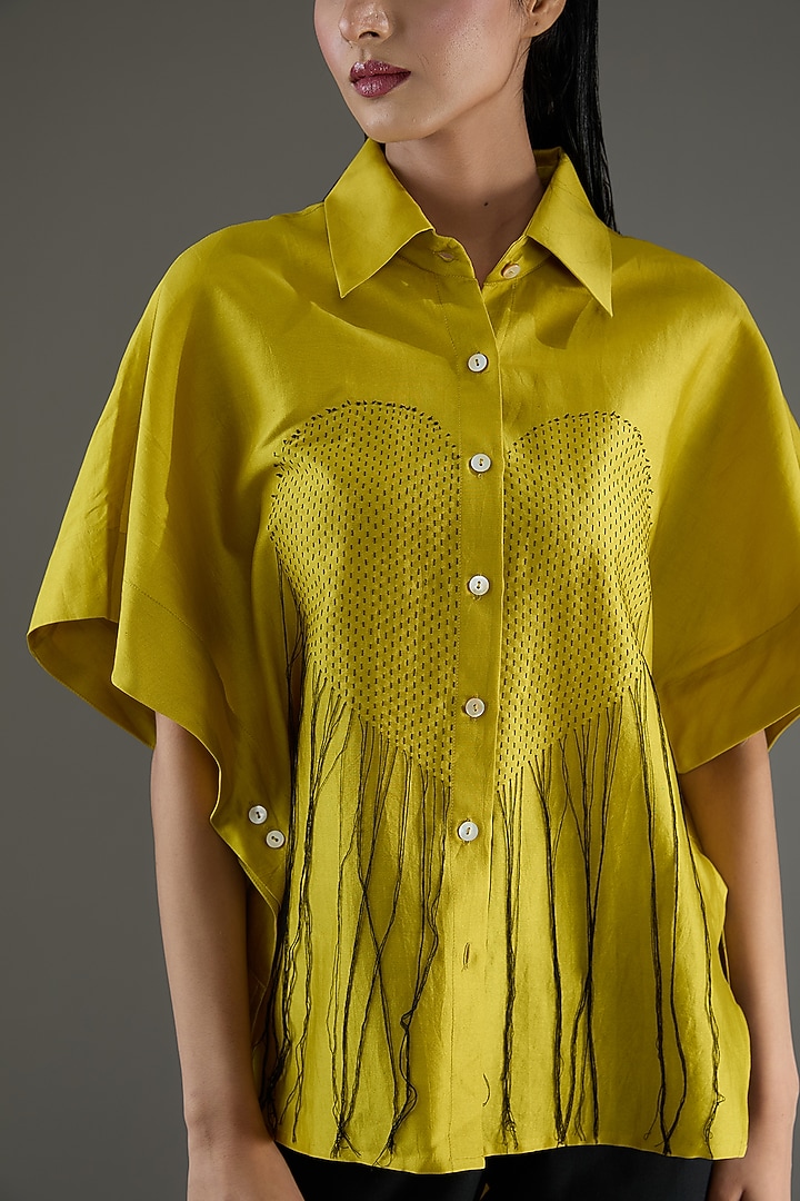 Mustard Chanderi Kantha Embroidered Shirt by Inca at Pernia's Pop Up Shop