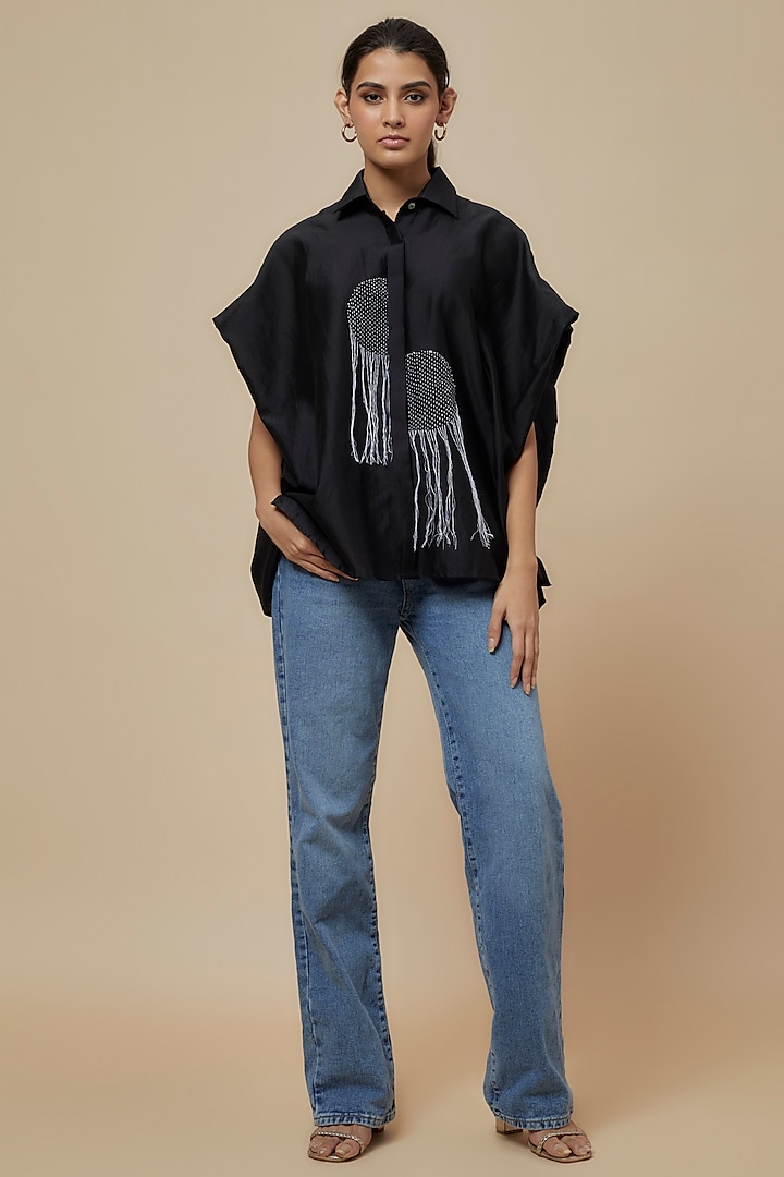 Black Chanderi Kantha Embroidered Shirt by Inca at Pernia's Pop Up Shop