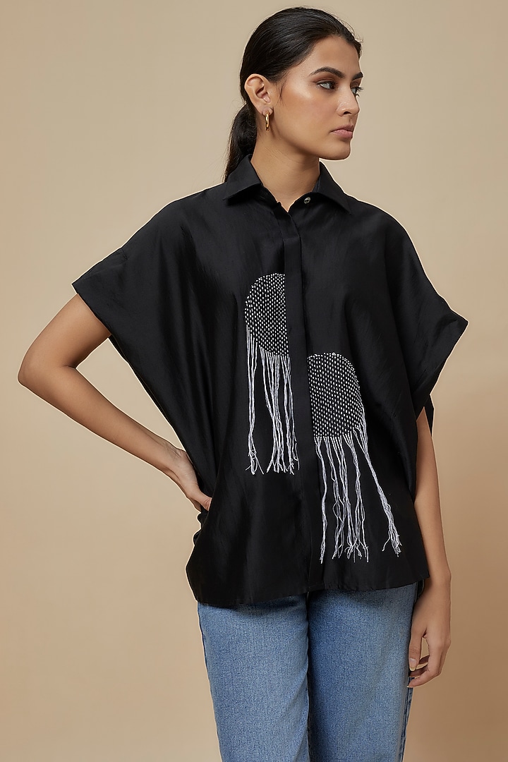 Black Chanderi Kantha Embroidered Shirt by Inca at Pernia's Pop Up Shop