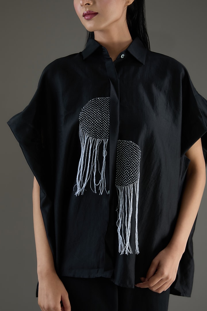Black Chanderi Kantha Embroidered Shirt by Inca at Pernia's Pop Up Shop