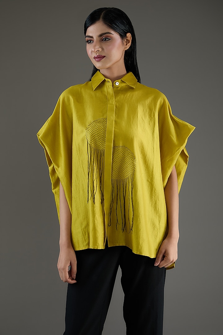 Lime Chanderi Kantha Embroidered Shirt by Inca at Pernia's Pop Up Shop