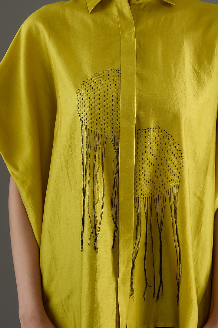 Lime Chanderi Kantha Embroidered Shirt by Inca at Pernia's Pop Up Shop