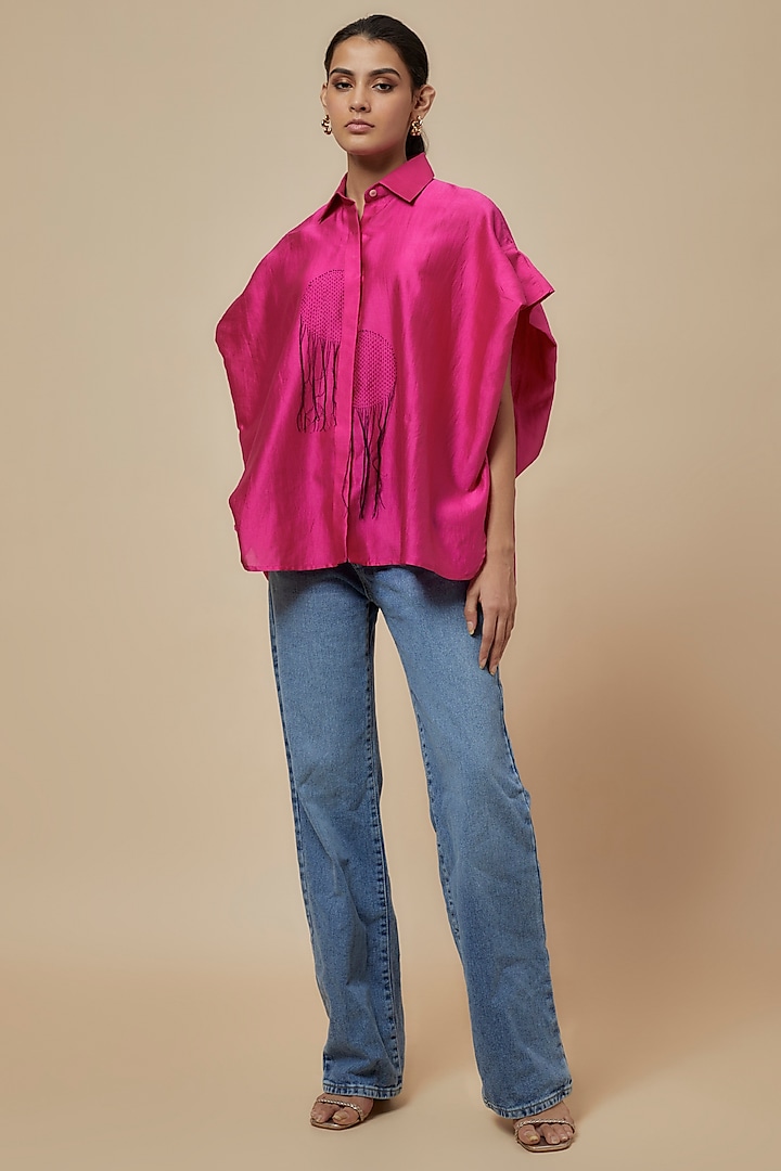 Fuchsia Chanderi Kantha Embroidered Shirt by Inca at Pernia's Pop Up Shop