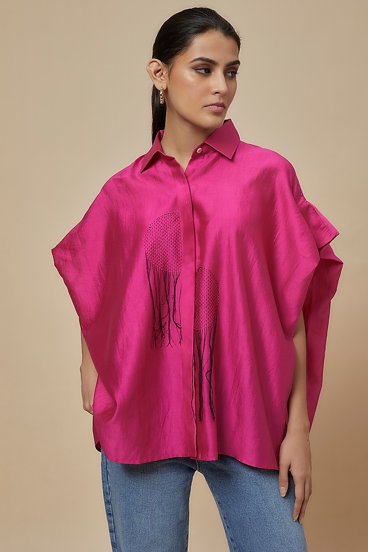 Fuchsia Chanderi Kantha Embroidered Shirt by Inca at Pernia's Pop Up Shop