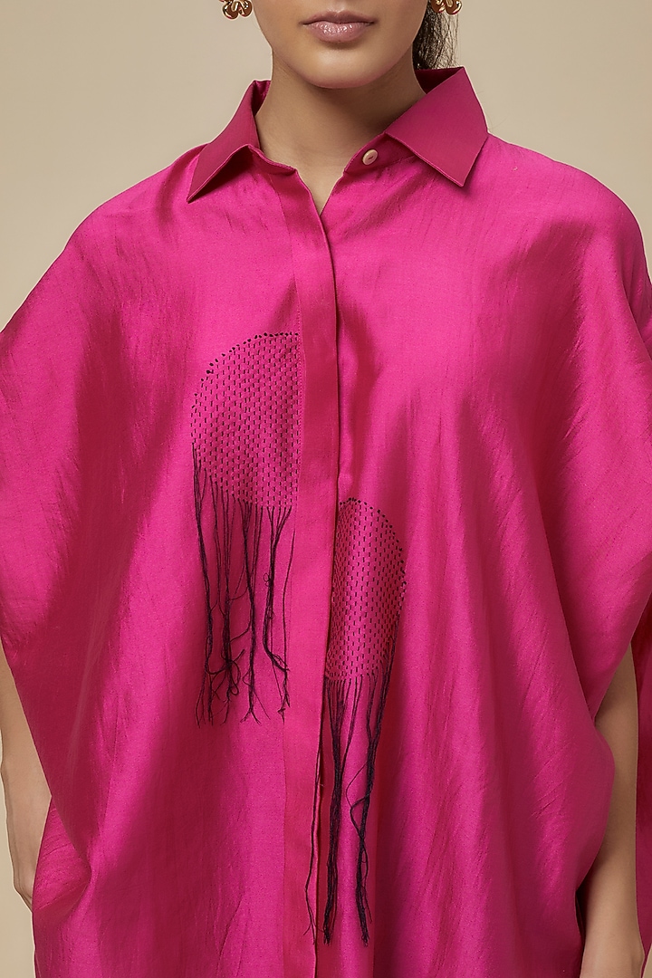Fuchsia Chanderi Kantha Embroidered Shirt by Inca at Pernia's Pop Up Shop