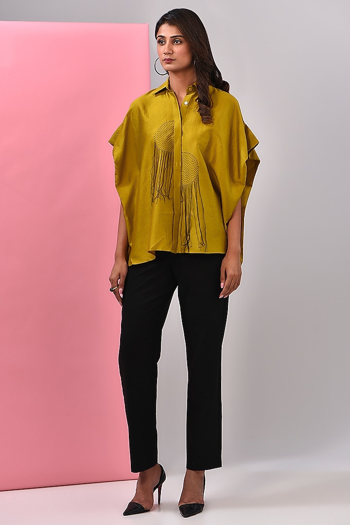 Mustard Silk Chanderi Kantha Embroidered Shirt by Inca at Pernia's Pop Up Shop