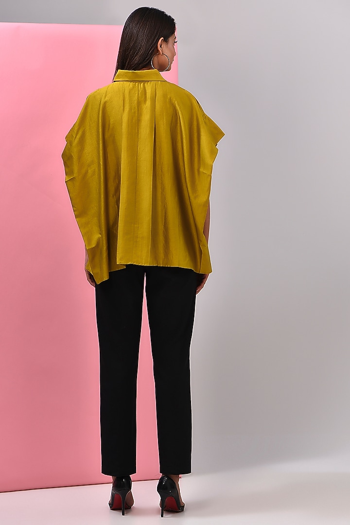 Mustard Silk Chanderi Kantha Embroidered Shirt by Inca at Pernia's Pop Up Shop