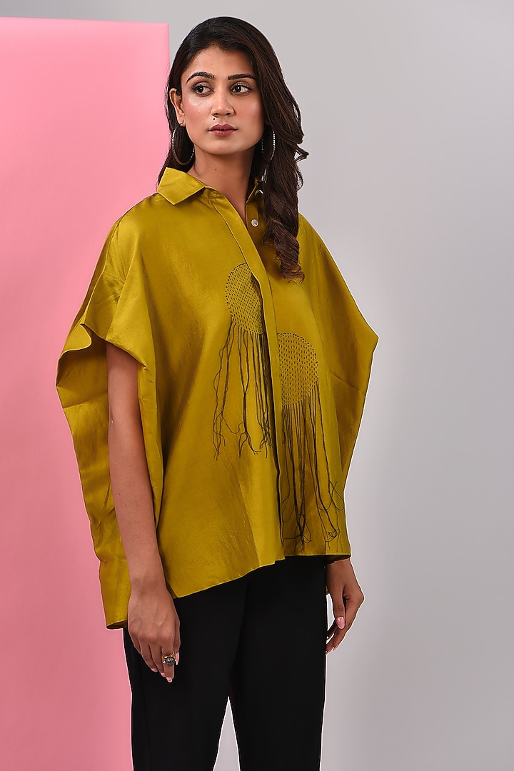 Mustard Silk Chanderi Kantha Embroidered Shirt by Inca at Pernia's Pop Up Shop