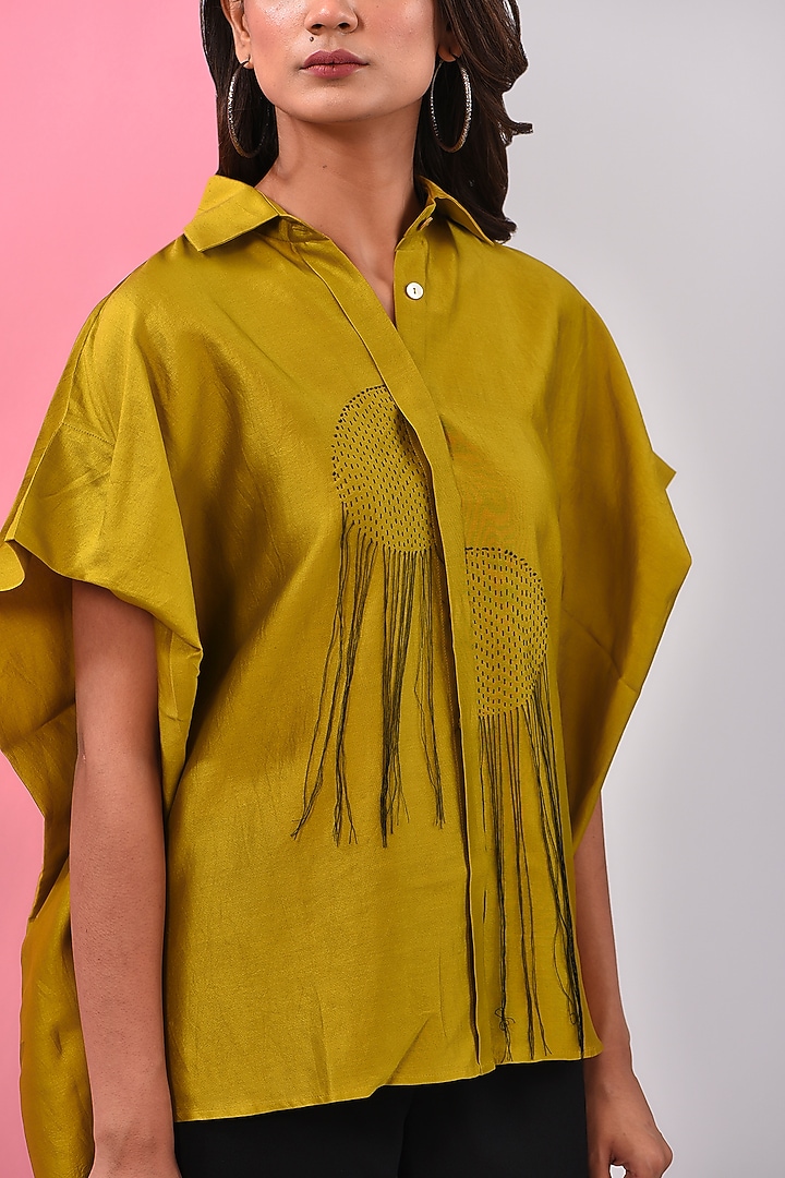 Mustard Silk Chanderi Kantha Embroidered Shirt by Inca at Pernia's Pop Up Shop