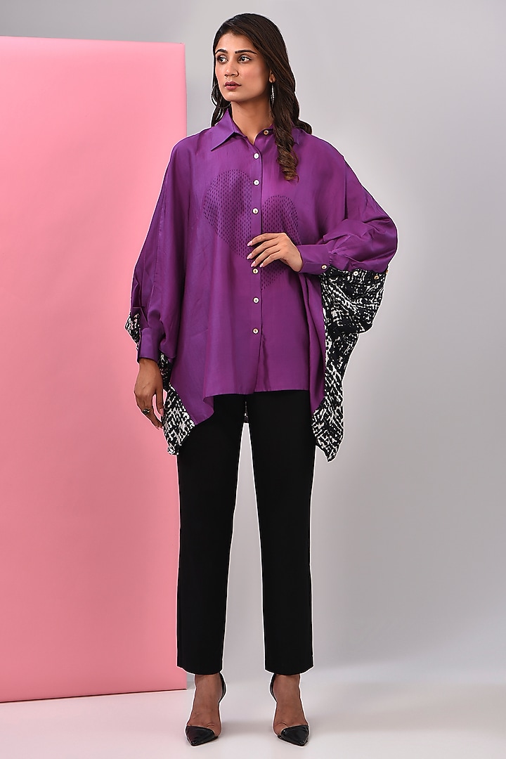 Purple Silk Chanderi Kantha Embroidered Shirt by Inca at Pernia's Pop Up Shop