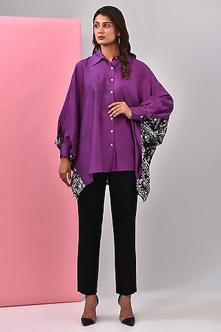 Purple Silk Chanderi Kantha Embroidered Shirt by Inca