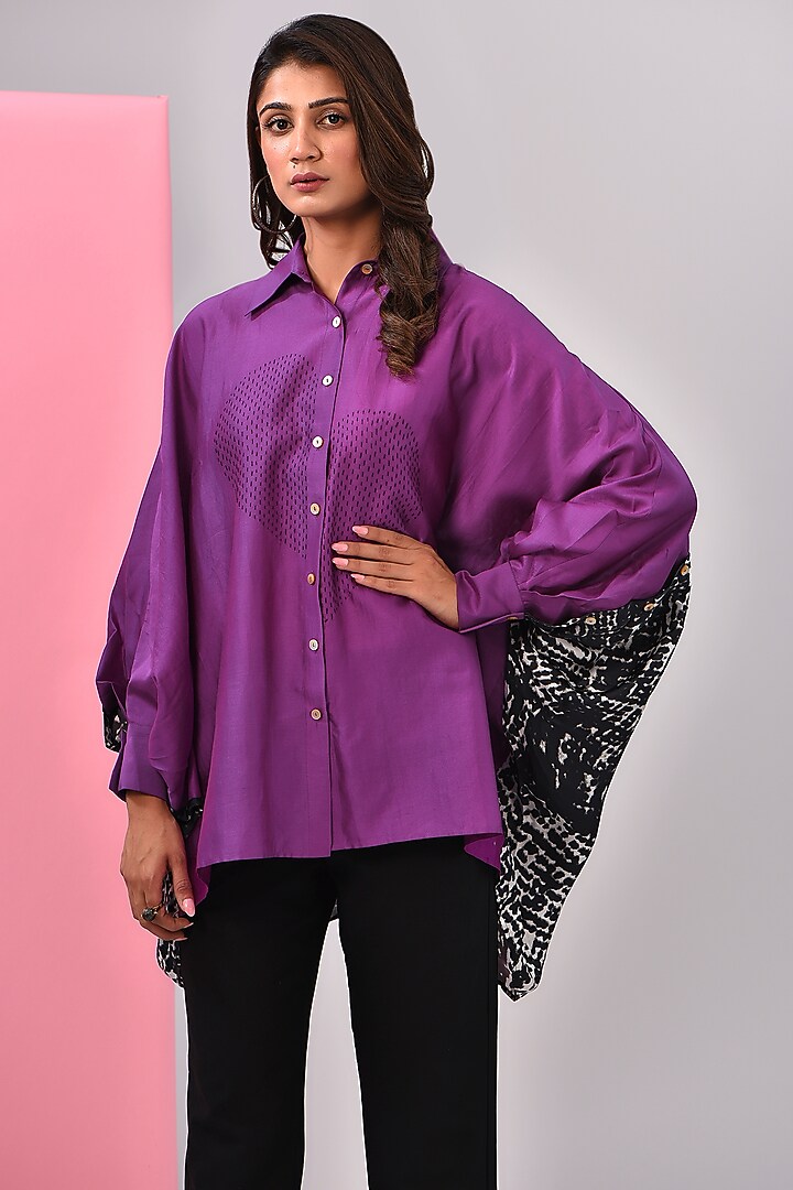 Purple Silk Chanderi Kantha Embroidered Shirt by Inca at Pernia's Pop Up Shop
