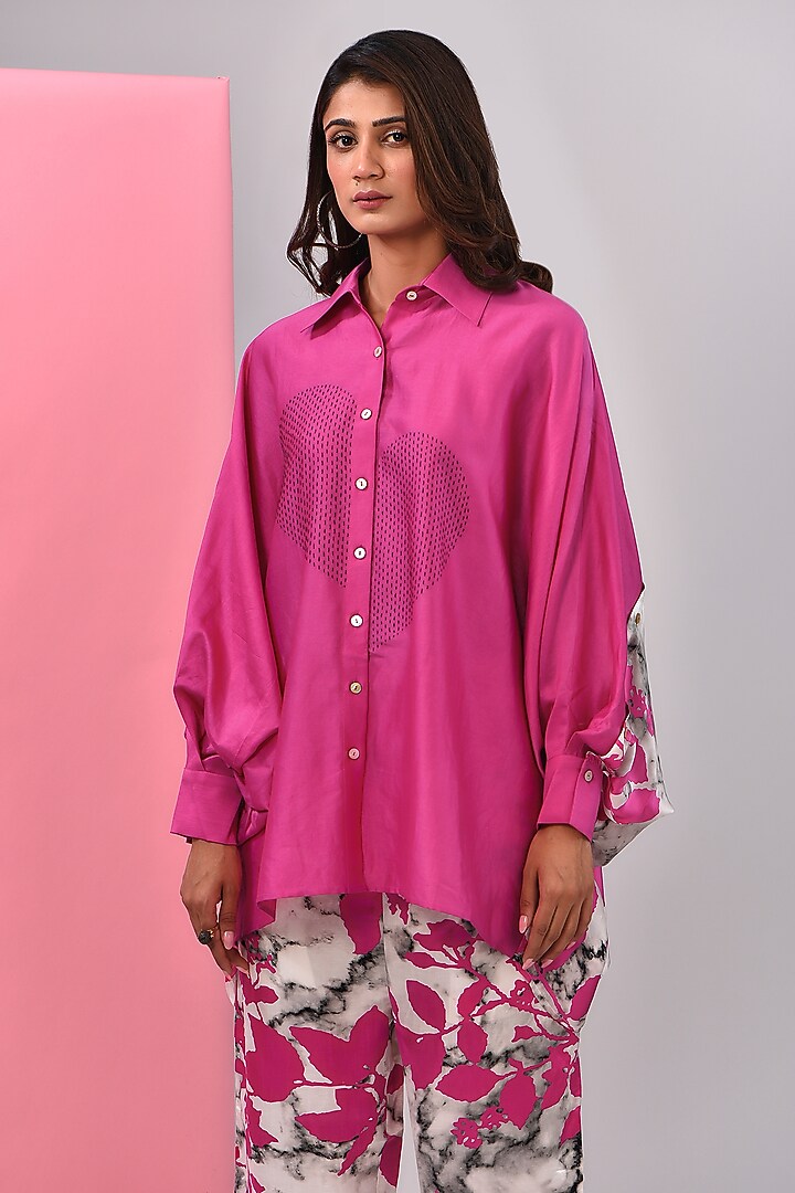 Fuchsia Silk Chanderi Kantha Embroidered Shirt by Inca at Pernia's Pop Up Shop