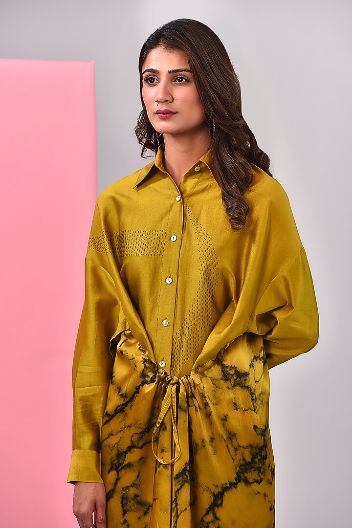 Mustard Silk Chanderi Kantha Embroidered Shirt by Inca at Pernia's Pop Up Shop