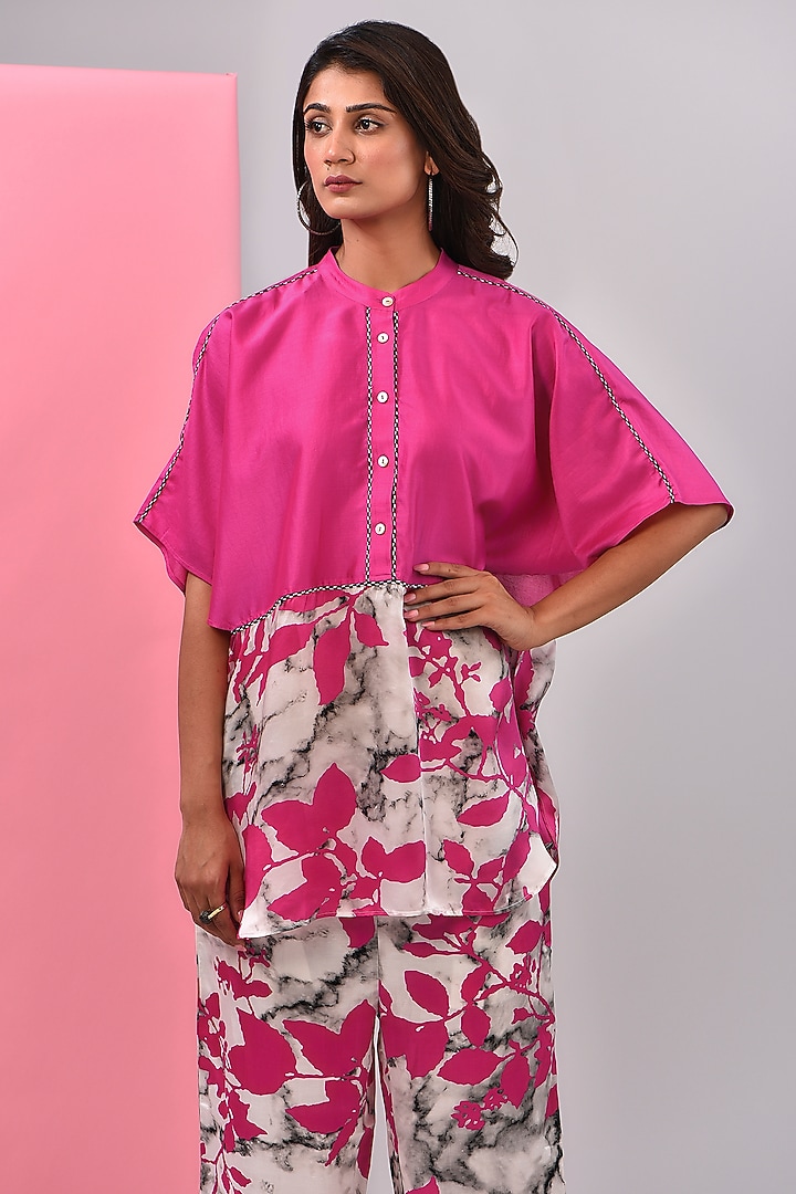Fuchsia Silk Chanderi Kantha Embroidered Shirt by Inca at Pernia's Pop Up Shop