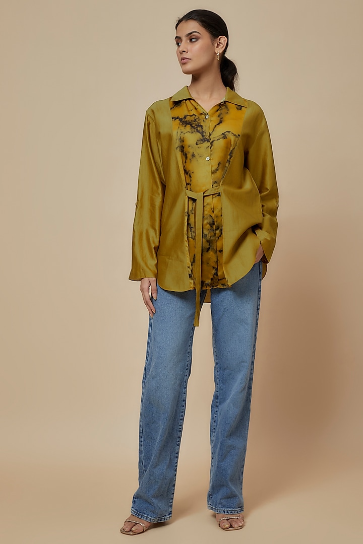 Mustard Chanderi Digital Printed Shirt by Inca at Pernia's Pop Up Shop