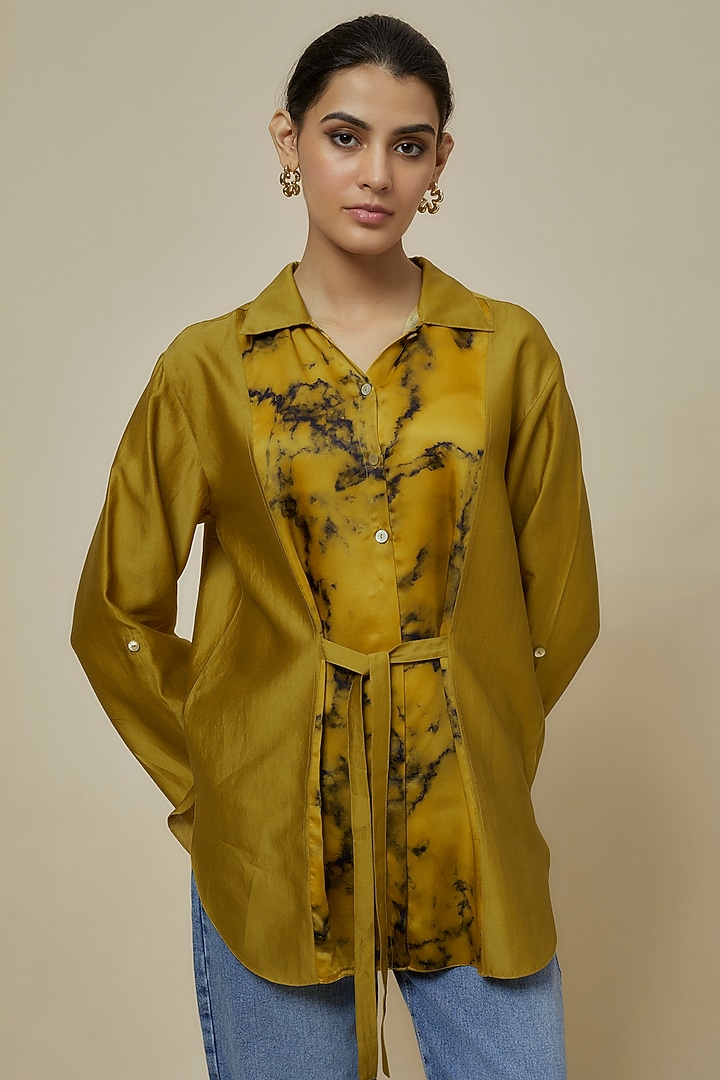 Mustard Chanderi Digital Printed Shirt by Inca at Pernia's Pop Up Shop